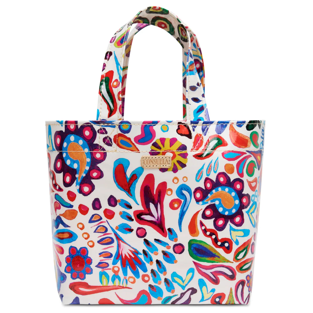 Colorful patterned tote bag on a white background