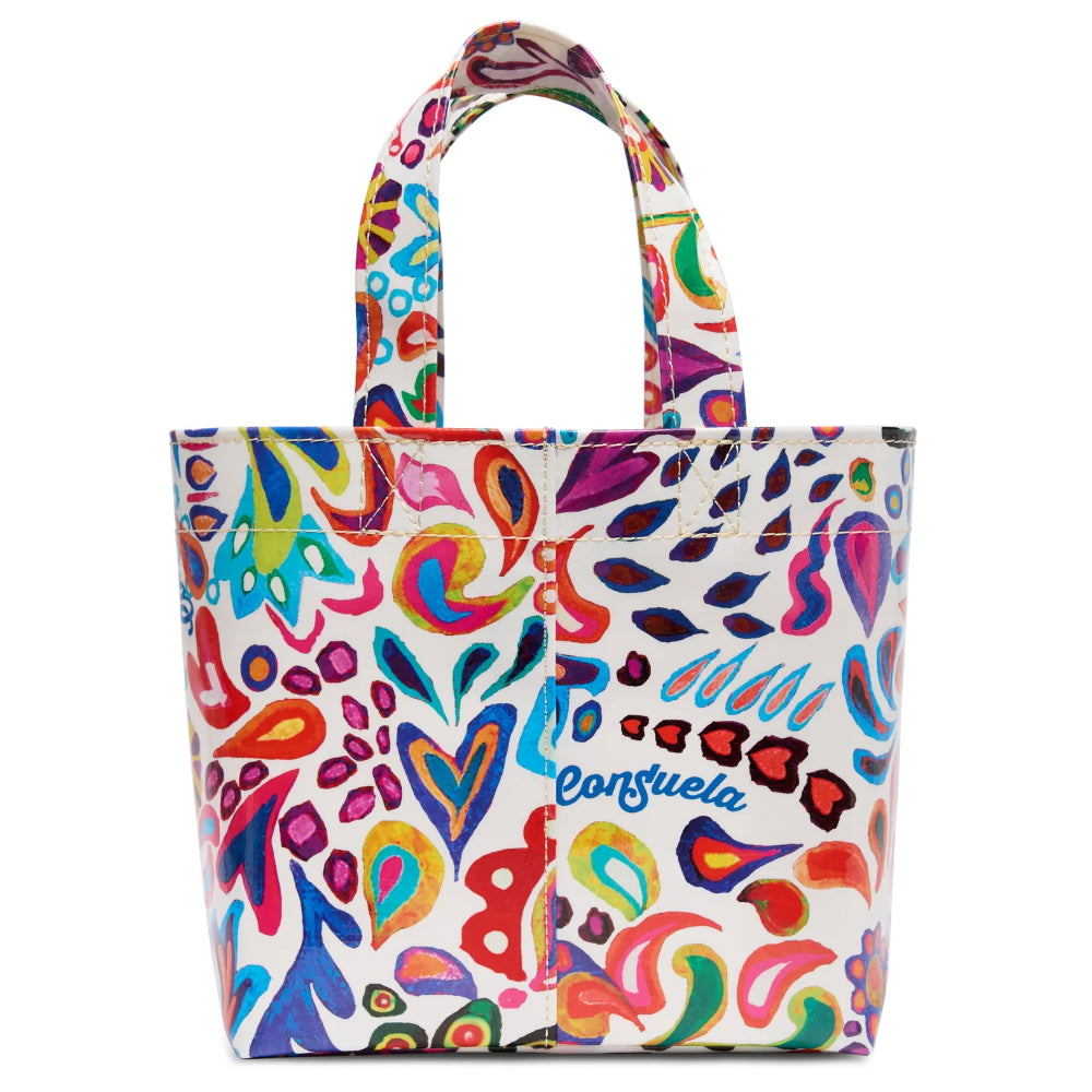 Colorful patterned tote bag with 'Coachella' branding on a white background
