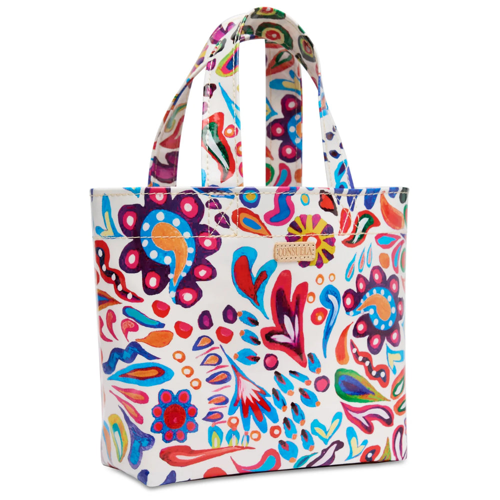Colorful floral-patterned tote bag on a white background
