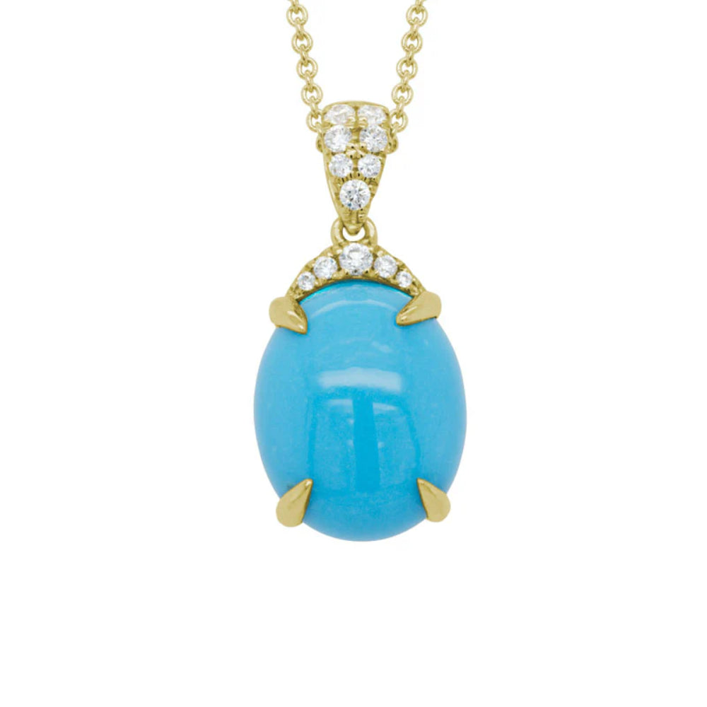 Turquoise pendant necklace with gold accents on a white background
