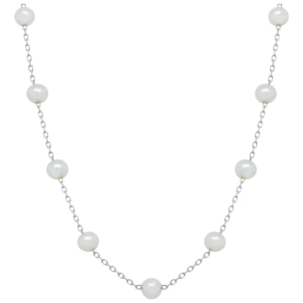 Pearl necklace with silver chain on a white background