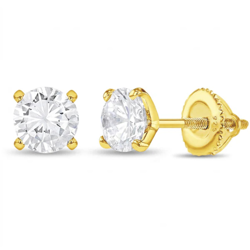 Gold stud earrings with clear gemstones on a white background