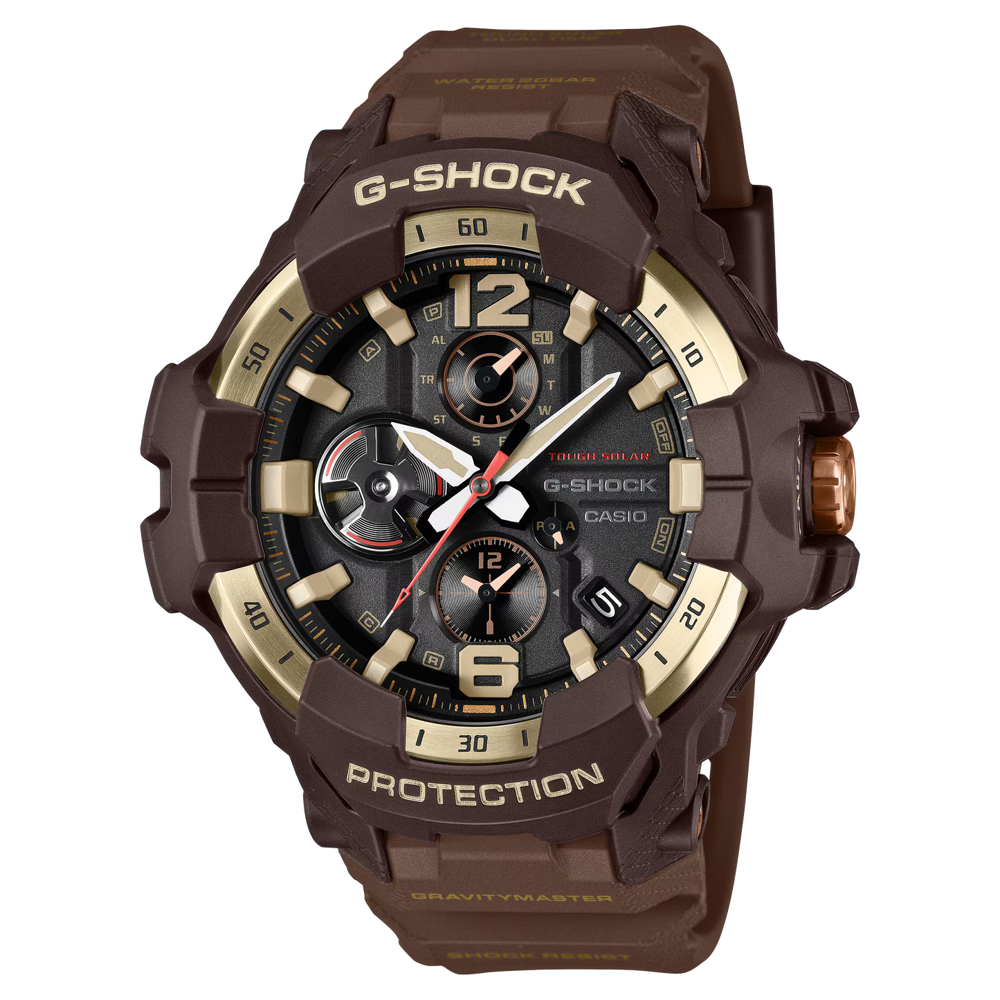A Casio G-Shock analog watch with a brown silicone strap and a dark brown and black case featuring gold-tone accents, centered on a plain white background.
