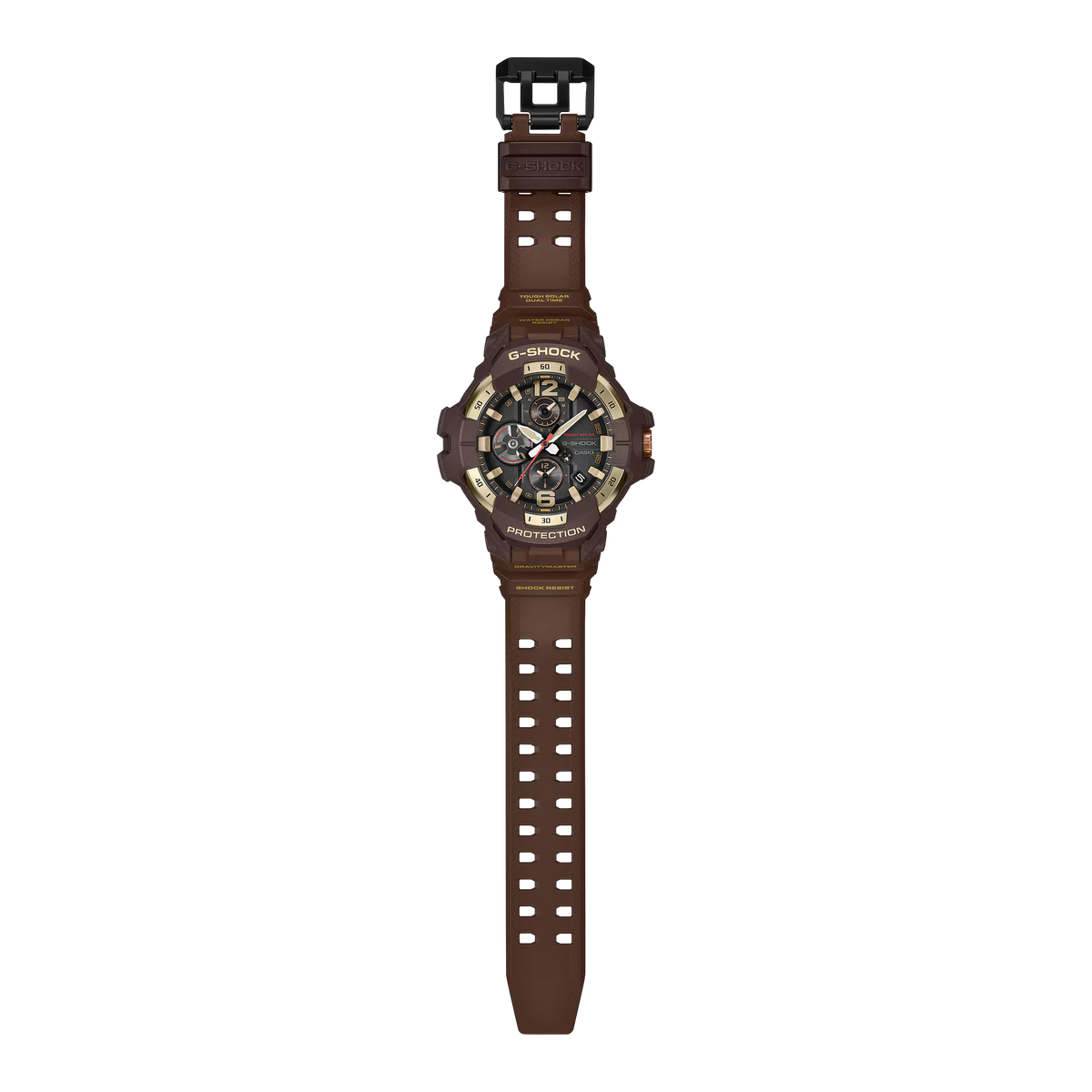 A Casio G-Shock analog watch with a brown silicone strap and a dark brown and black case featuring gold-tone accents, centered on a plain white background.