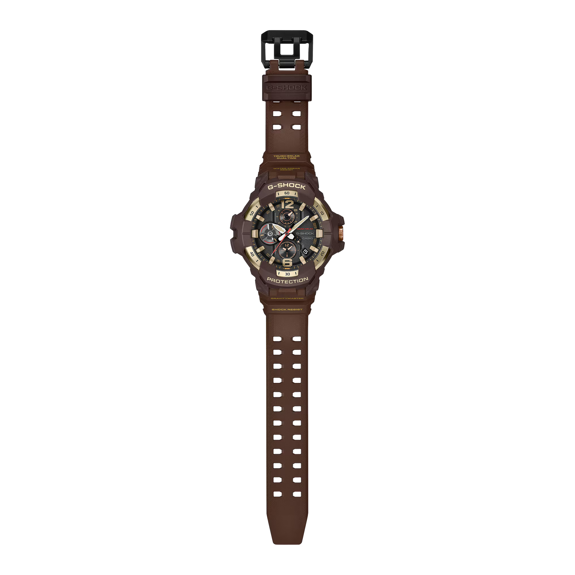 A Casio G-Shock analog watch with a brown silicone strap and a dark brown and black case featuring gold-tone accents, centered on a plain white background.
