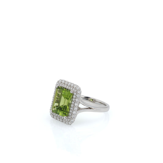 14k White Gold Emerald Cut Peridot and Diamond Double Halo Ring