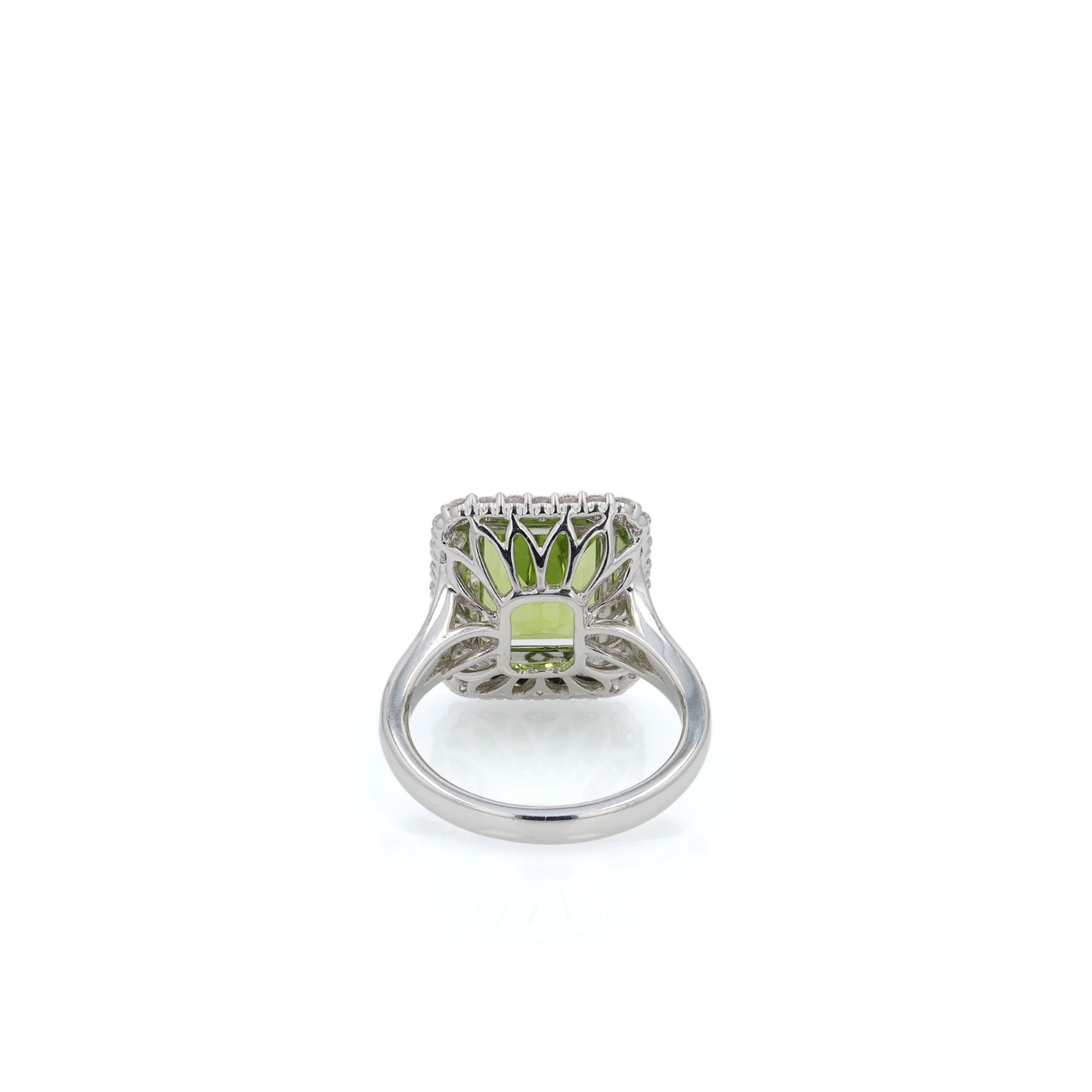 14k White Gold Emerald Cut Peridot and Diamond Double Halo Ring