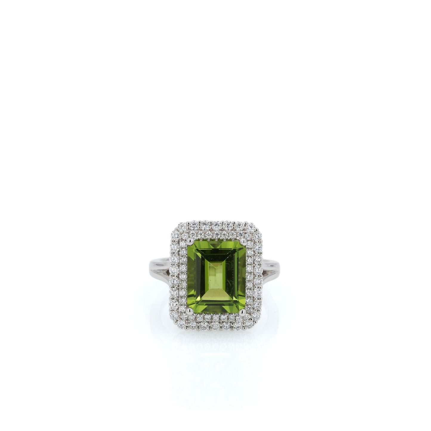 14k White Gold Emerald Cut Peridot and Diamond Double Halo Ring