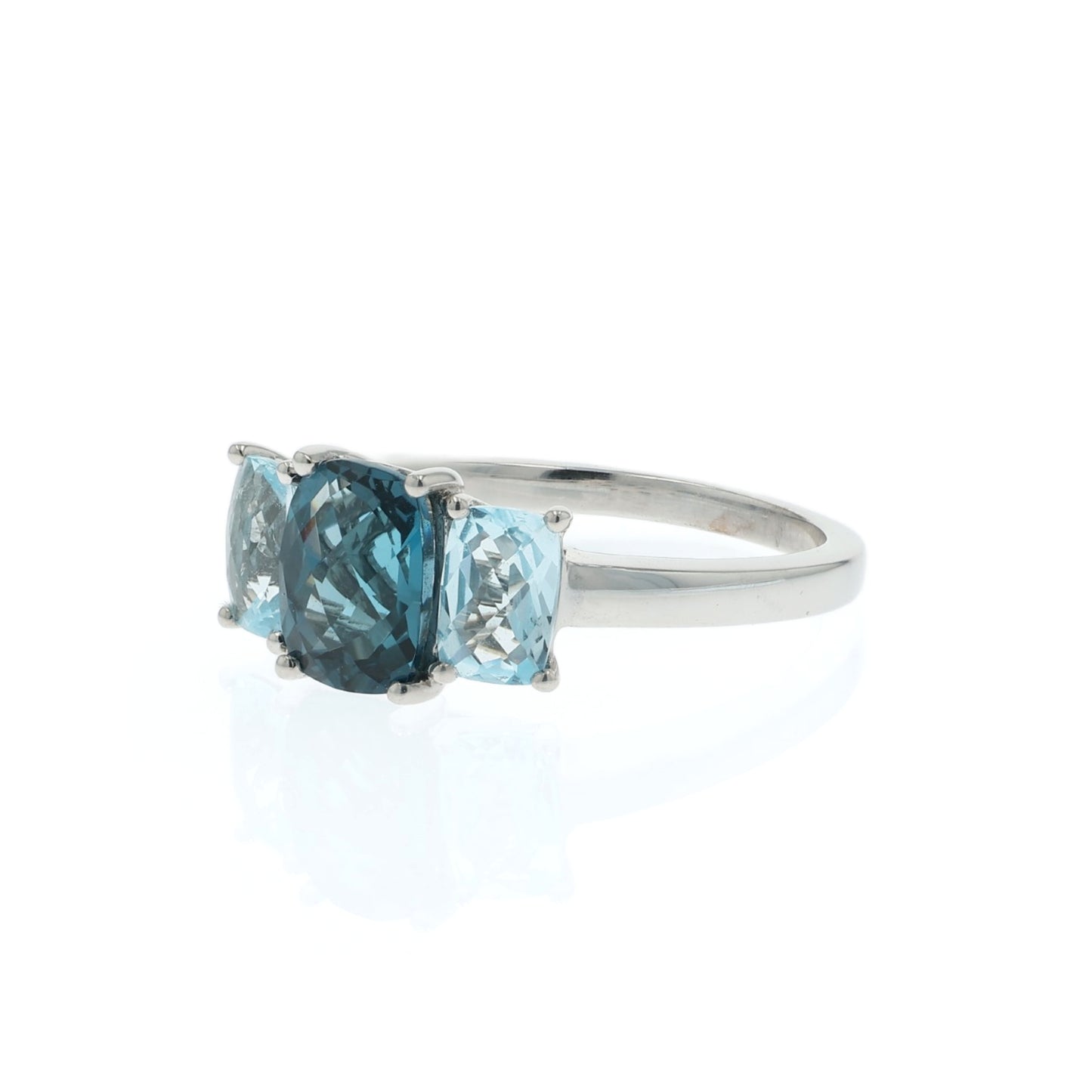 14k Gold Cushion Cut London and Sky Blue Topaz 3 Across Ring