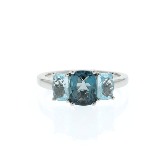 14k Gold Cushion Cut London and Sky Blue Topaz 3 Across Ring