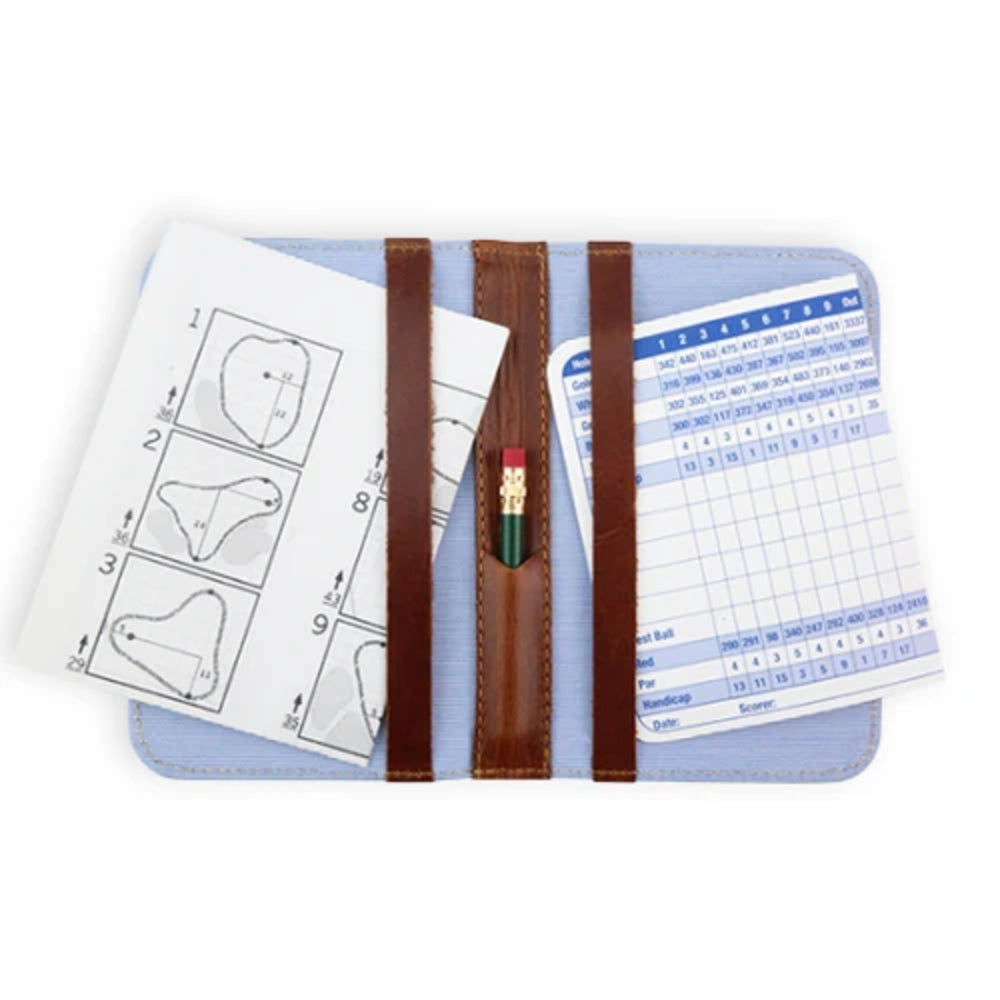 Golf scorecard holder with pen and scorecards on a white background