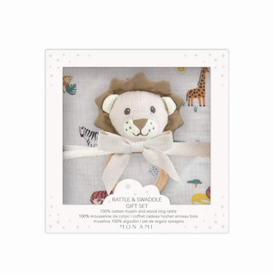 Mon Ami Safari Swaddle & Lion Rattle Gift Set