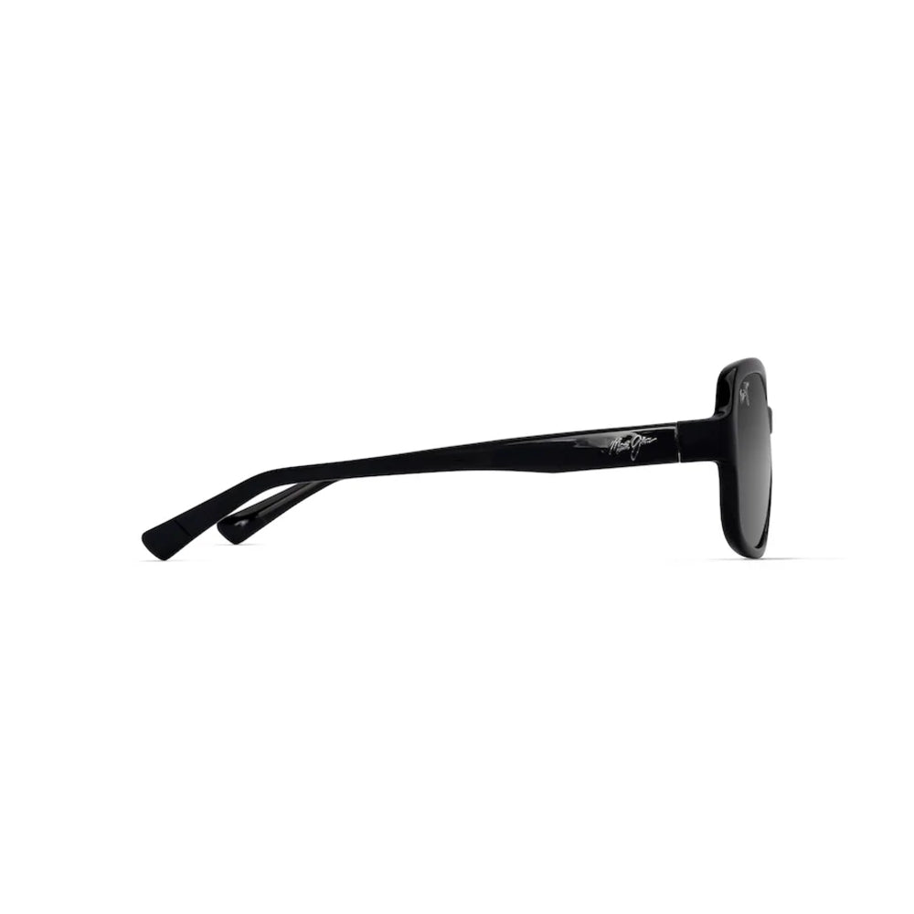 A pair of black square sunglasses shown in a side profile view against a plain white background.