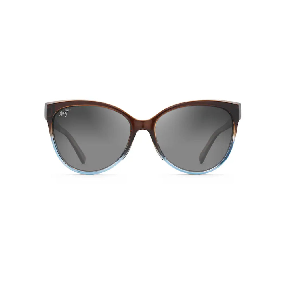Sunglasses with brown frame and dark lenses on a white background