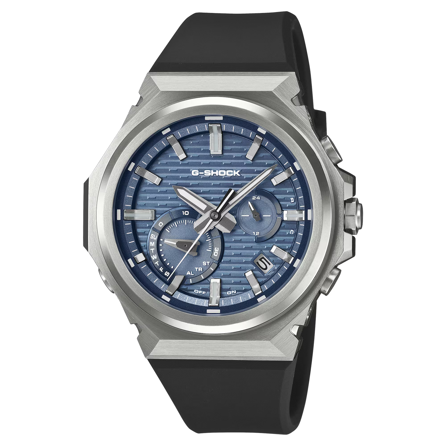 A G-Shock men's watch featuring a silver-tone octagonal case, a textured blue dial with three subdials, and a black rubber strap, shown against a plain white background.