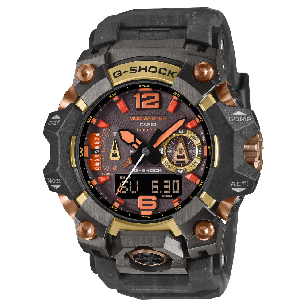 G-Shock watch with black and gold design on a white background