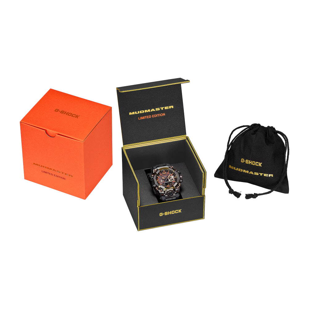 G-Shock Mudmaster watch with orange box and black drawstring bag on a white background