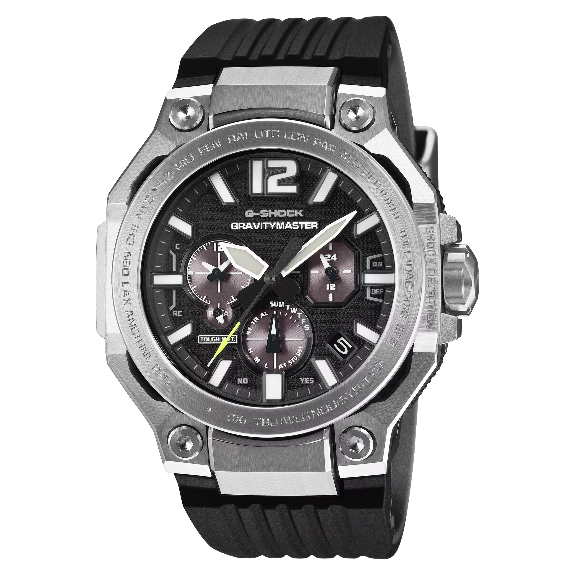 G-Shock Gravitymaster watch with black strap and silver case on white background
