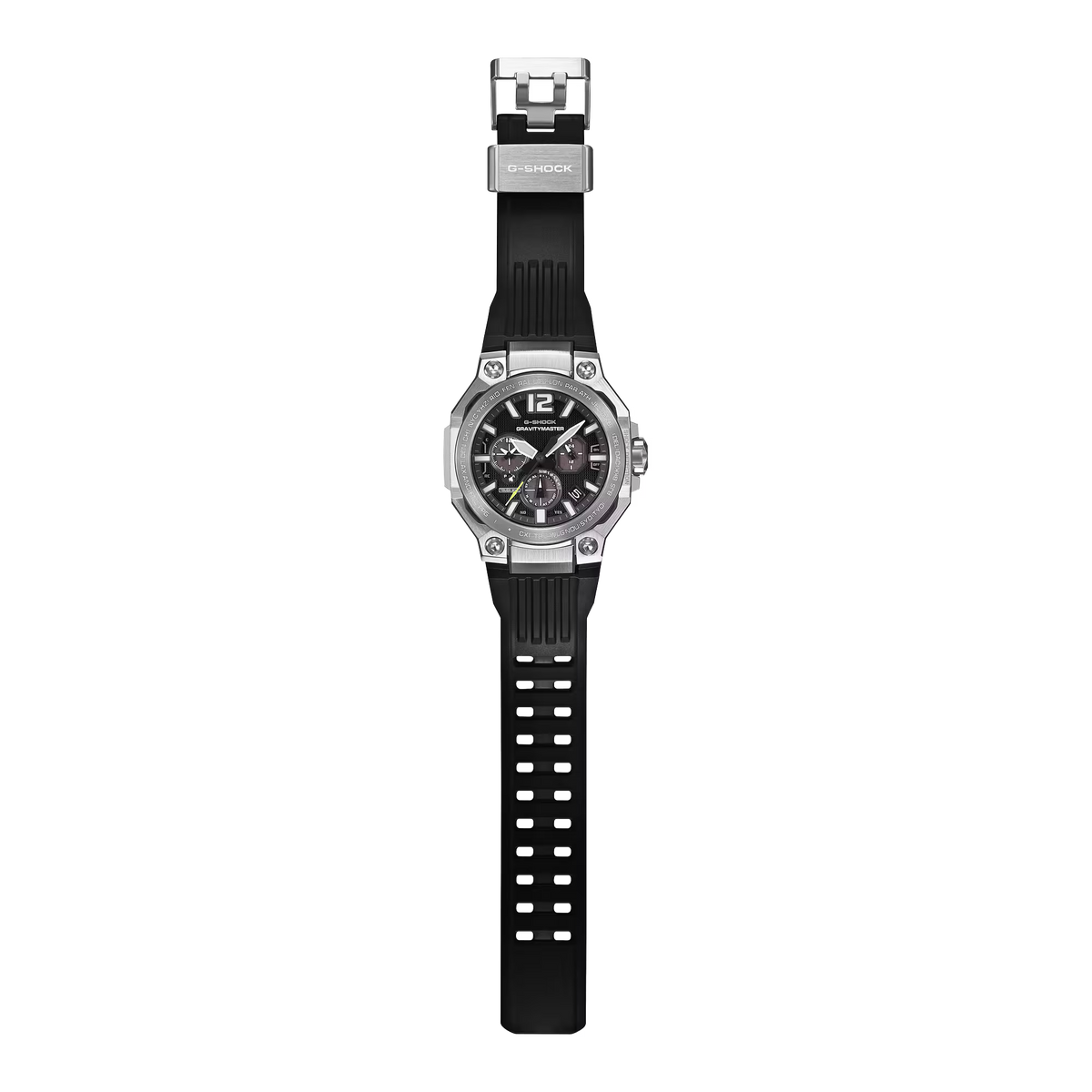 A wristwatch with a black textured silicone strap, a silver-toned metal case, and a black dial with silver hour markers, shown against a plain white background.