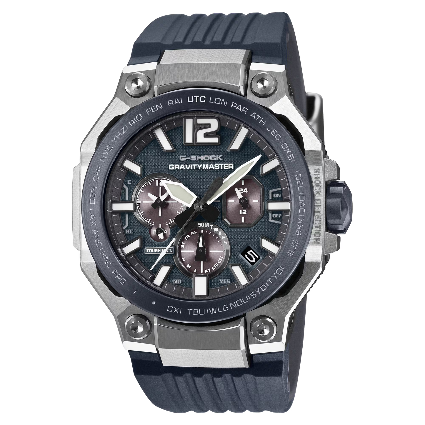 G-Shock Gravitymaster watch with black strap and detailed face on a white background