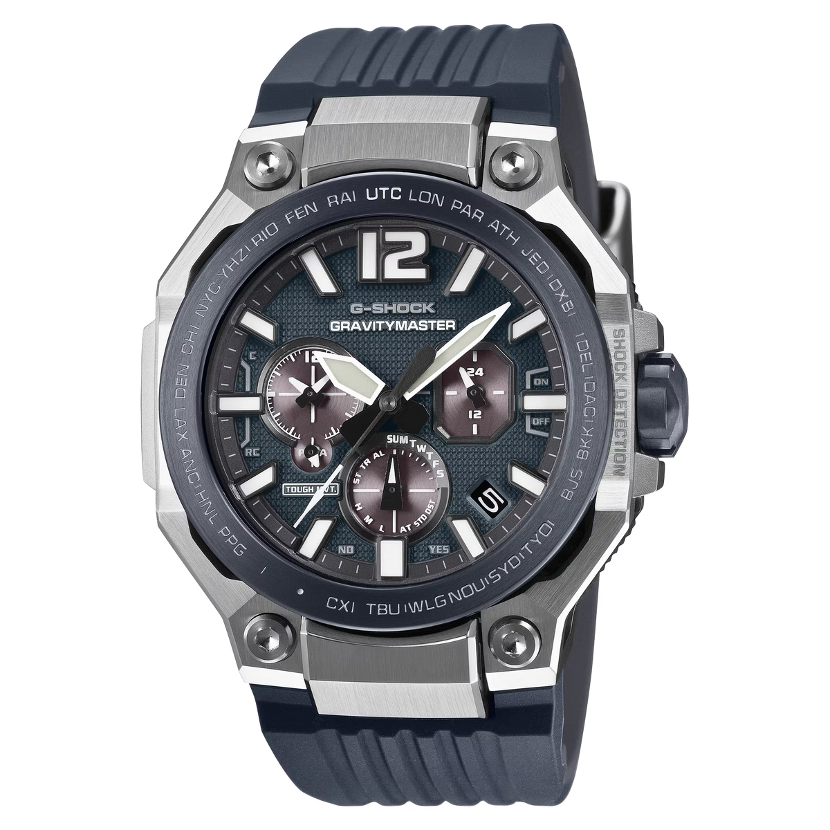 G-Shock Gravitymaster watch with black strap and detailed face on a white background