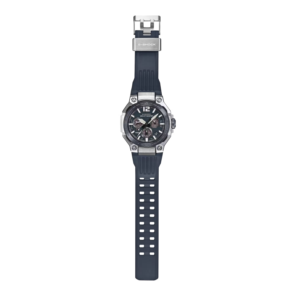 A Casio sports watch with a dark gray textured silicone strap, a silver-toned stainless steel case, and a black dial, shown against a plain white background.