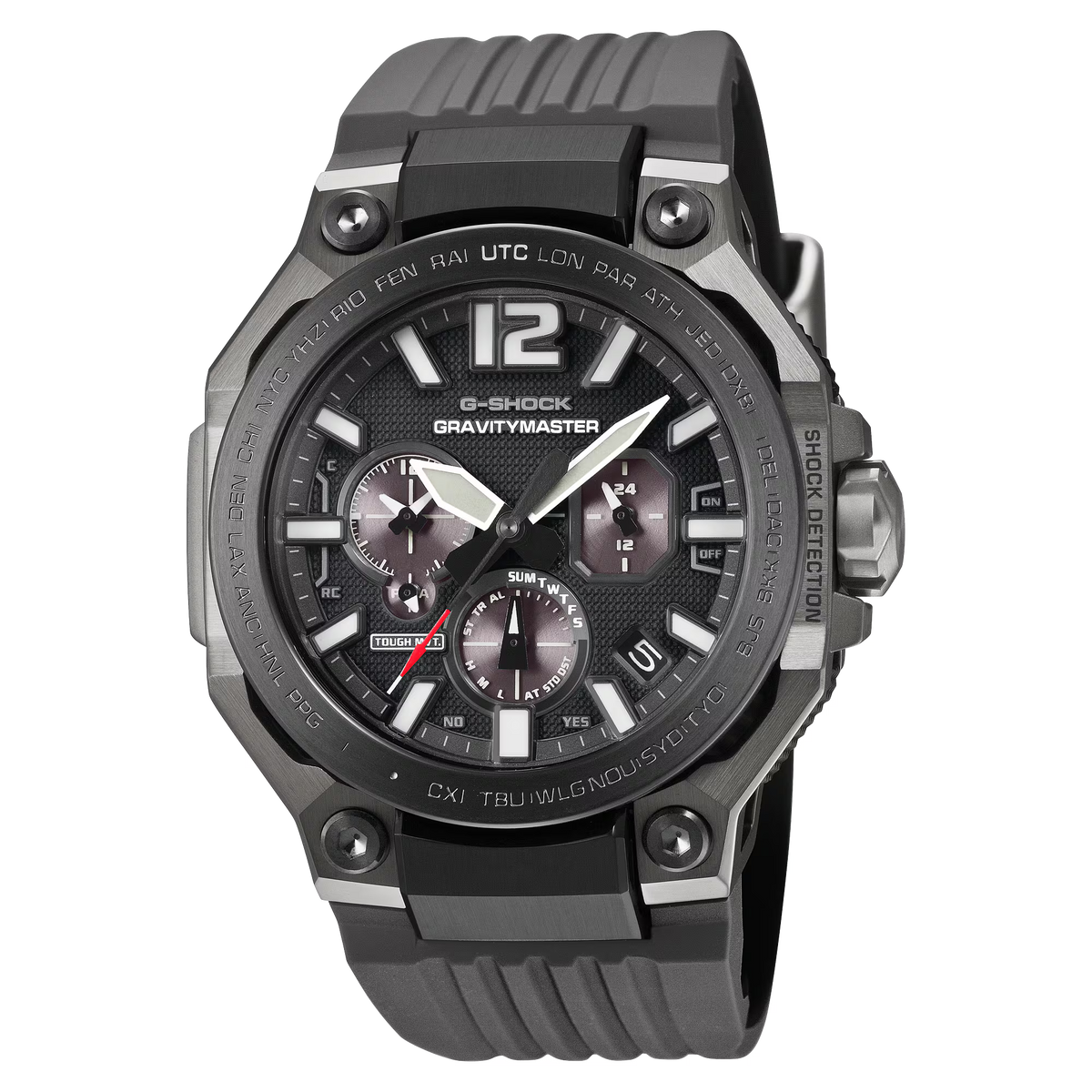 G-Shock Gravitymaster GWS101C chronograph watch with a dark gray and black case, textured black strap, and a detailed dark gray dial with white hands and subdials.