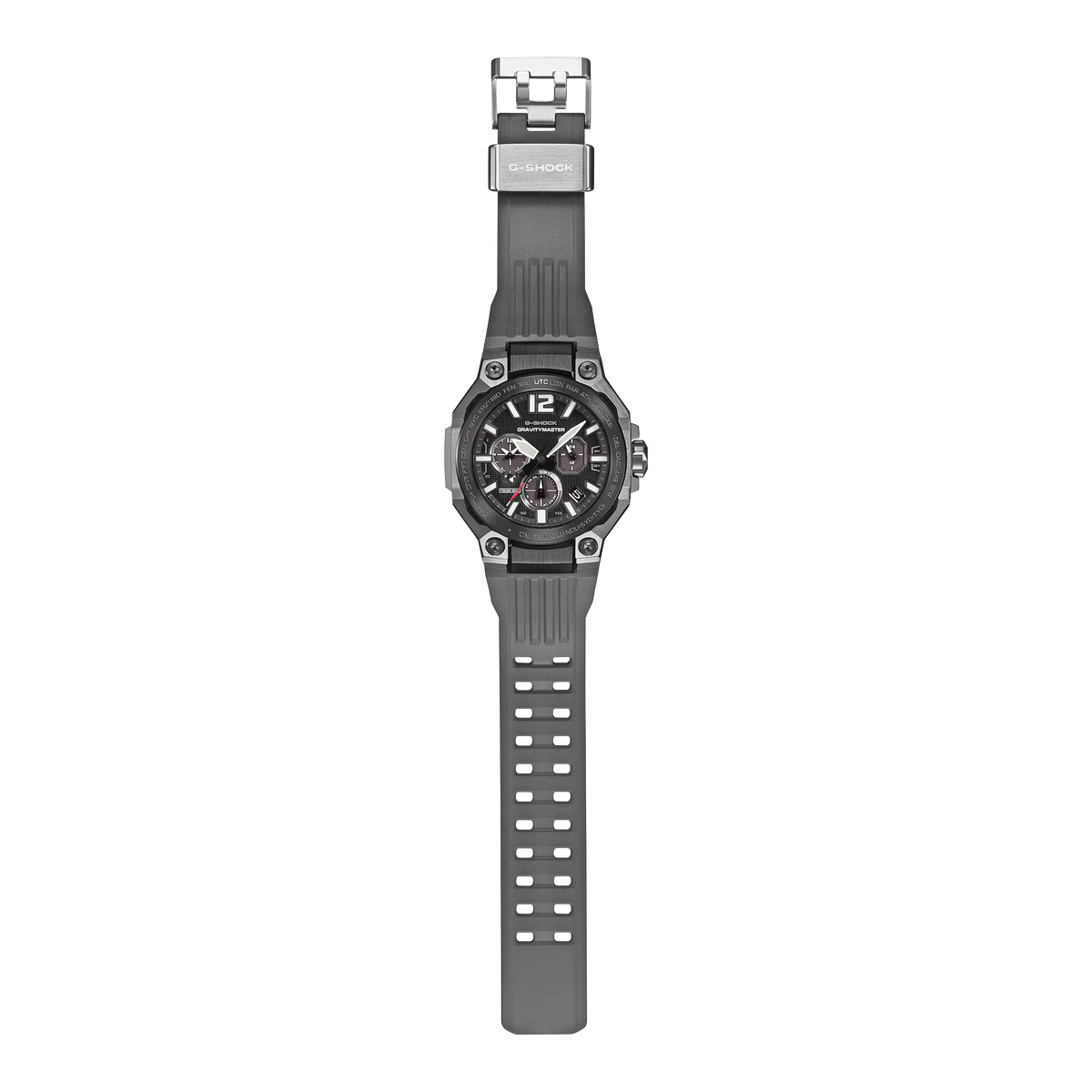 A rugged analog watch with a dark gray textured silicone strap, a dark gray case, and a black dial with silver and red accents, shown against a plain white background.
