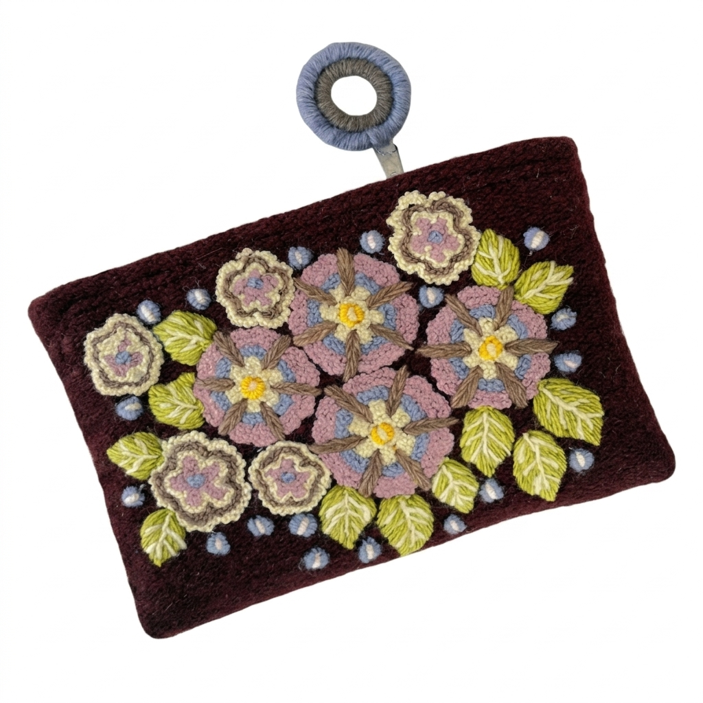 Felted pouch with floral design on a white background