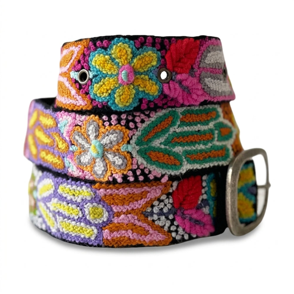 Colorful embroidered belt with floral patterns on a white background