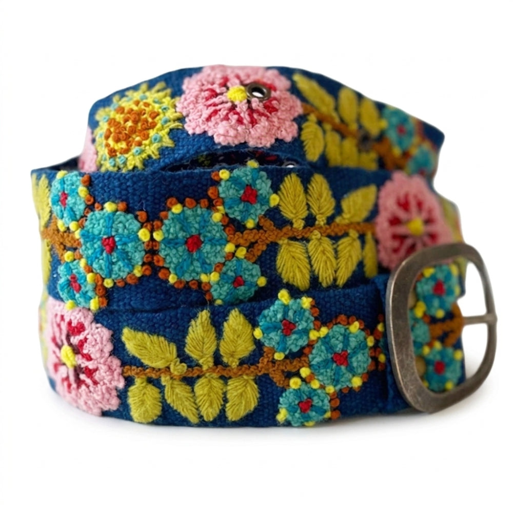 Colorful embroidered belt with floral patterns on a white background
