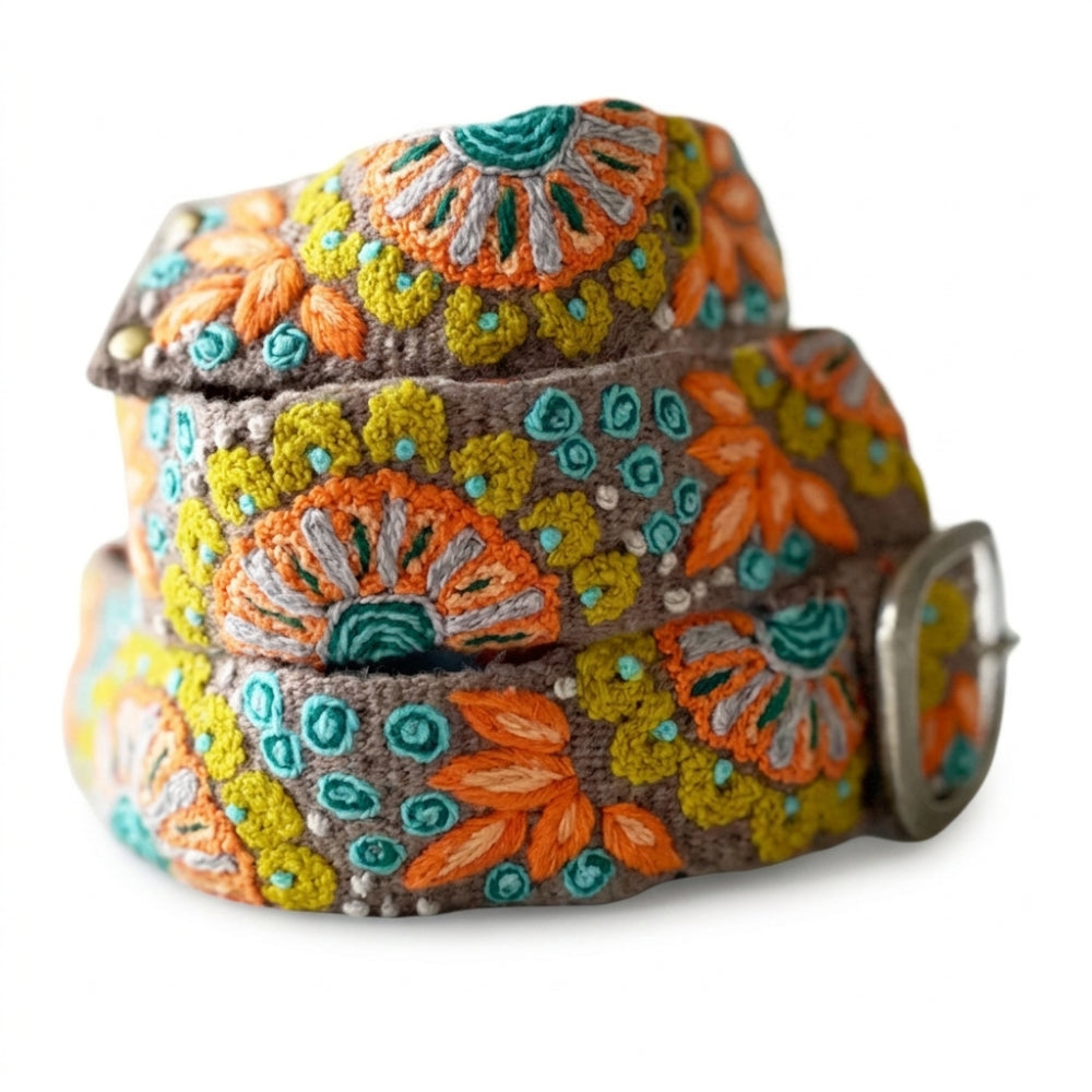 Decorative belt with colorful floral patterns on a white background