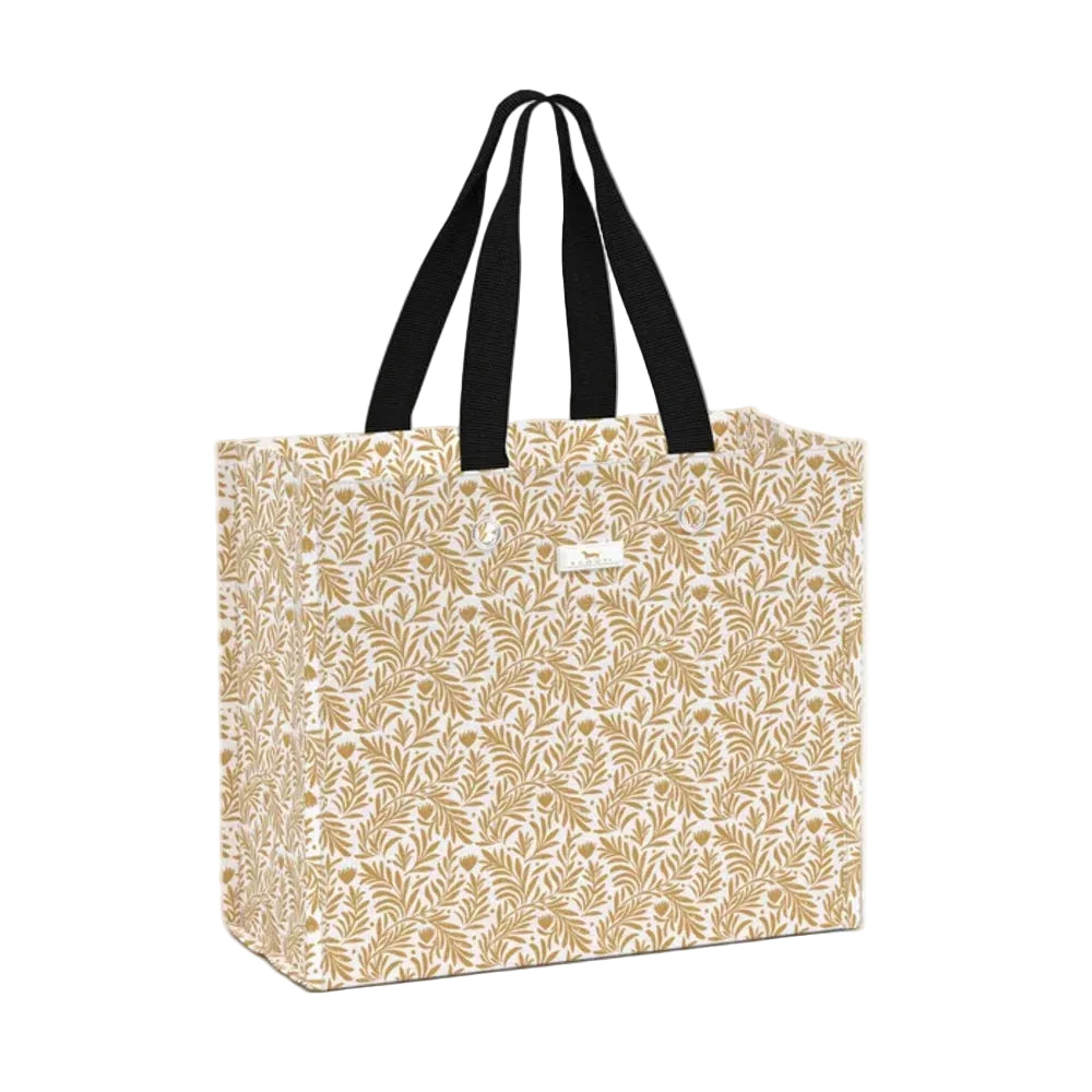 A tote bag with a white background and a repeating tan leaf pattern, featuring black shoulder straps and a small white brand label on the front.