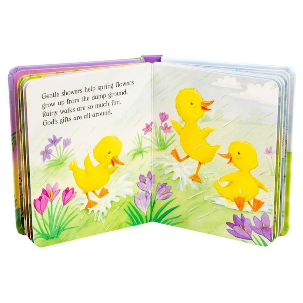 Children's book with illustrations of ducks and flowers on a white background