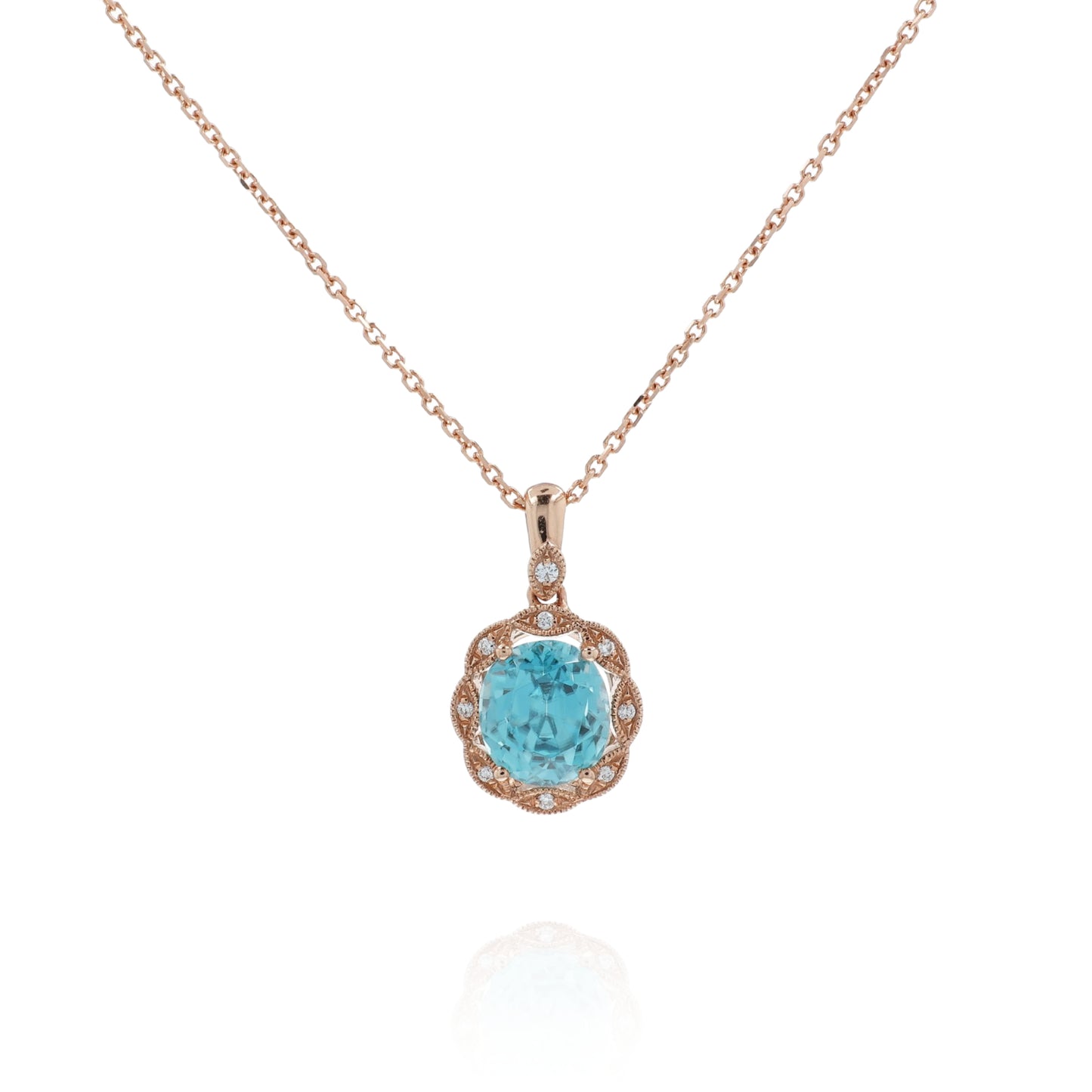 14k Rose Gold Oval Blue Zircon and Diamond Halo Pendant Necklace