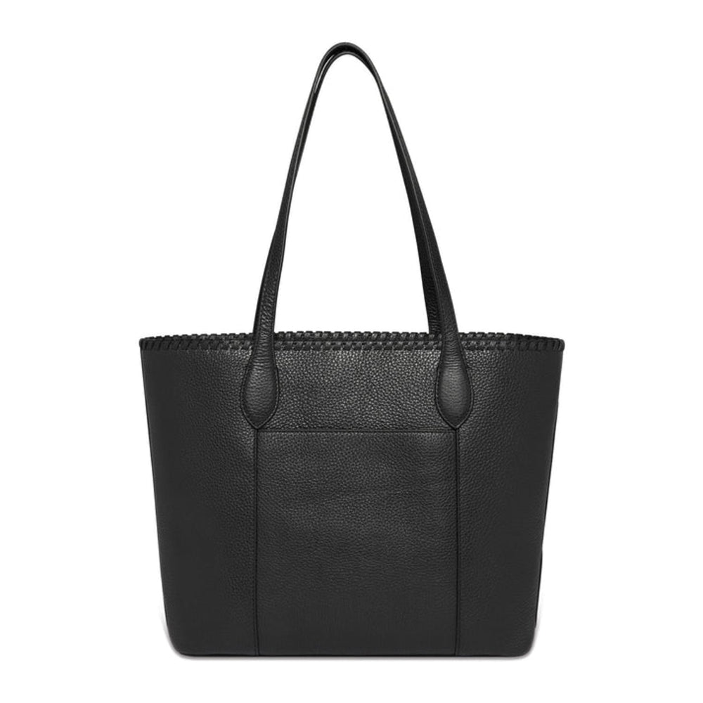A black leather tote bag with double shoulder straps and a structured rectangular silhouette, shown against a plain white background.