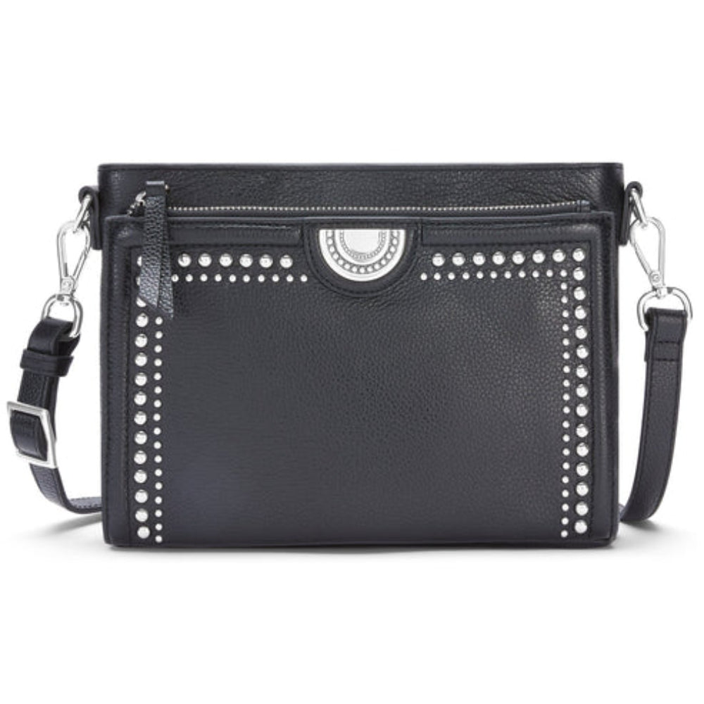 Black studded handbag with shoulder straps on a white background