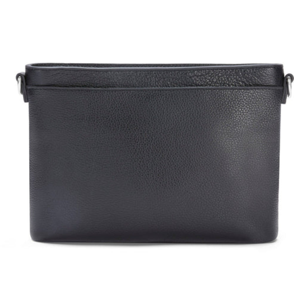 Black leather crossbody bag on a white background