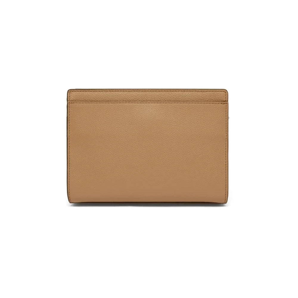 A tan pebbled leather wallet shown from the front on a plain white background.