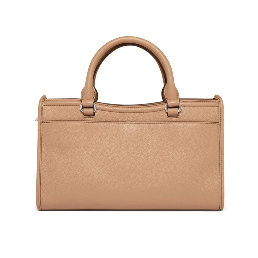 A structured tan leather handbag with dual top handles and silver-tone hardware, shown from the front on a plain white background.