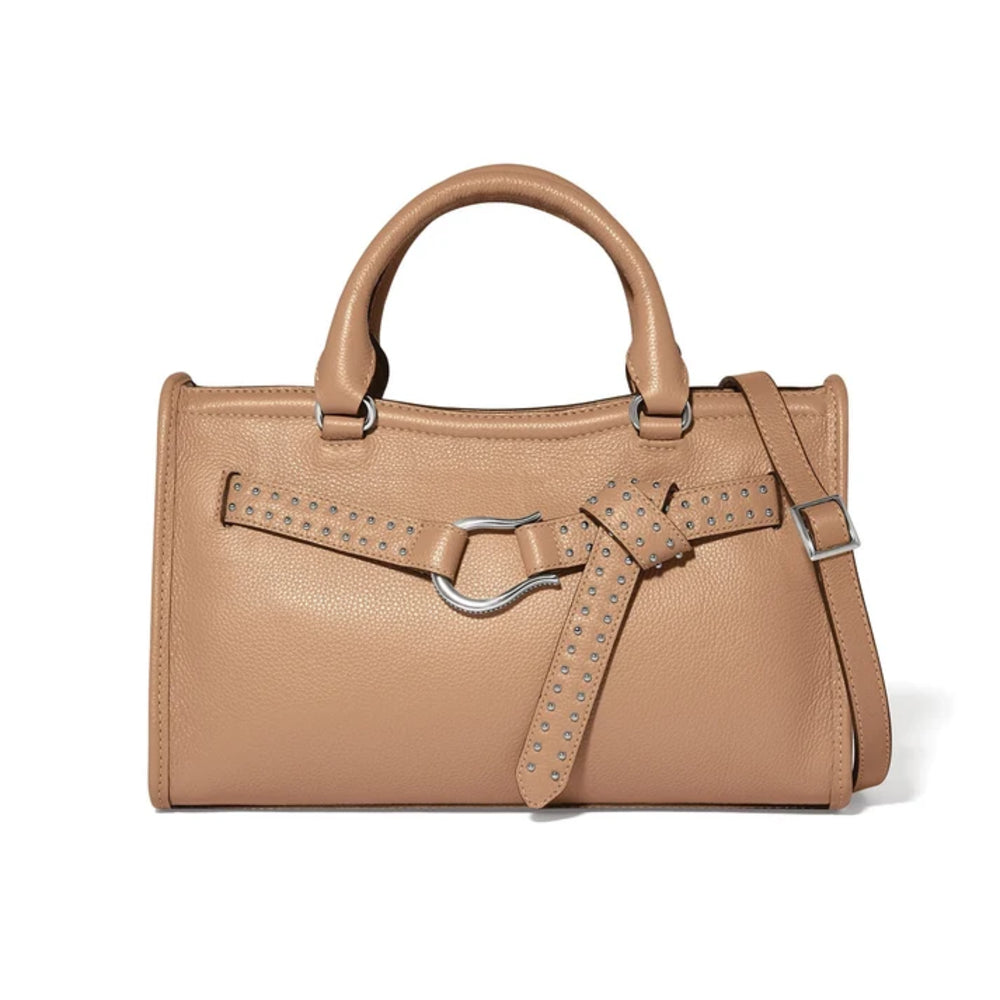 A structured tan pebbled leather handbag with dual top handles, a matching studded belt detail across the front, and a silver-tone buckle, shown on a clean white background.