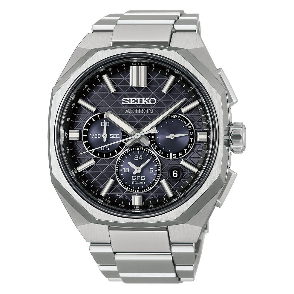 Seiko watch with silver metal band and black dial on a white background