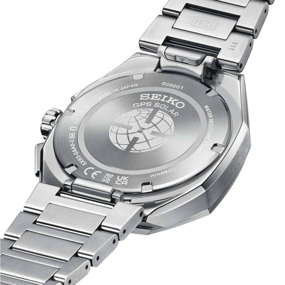 Silver Seiko GPS Solar watch back on a white background