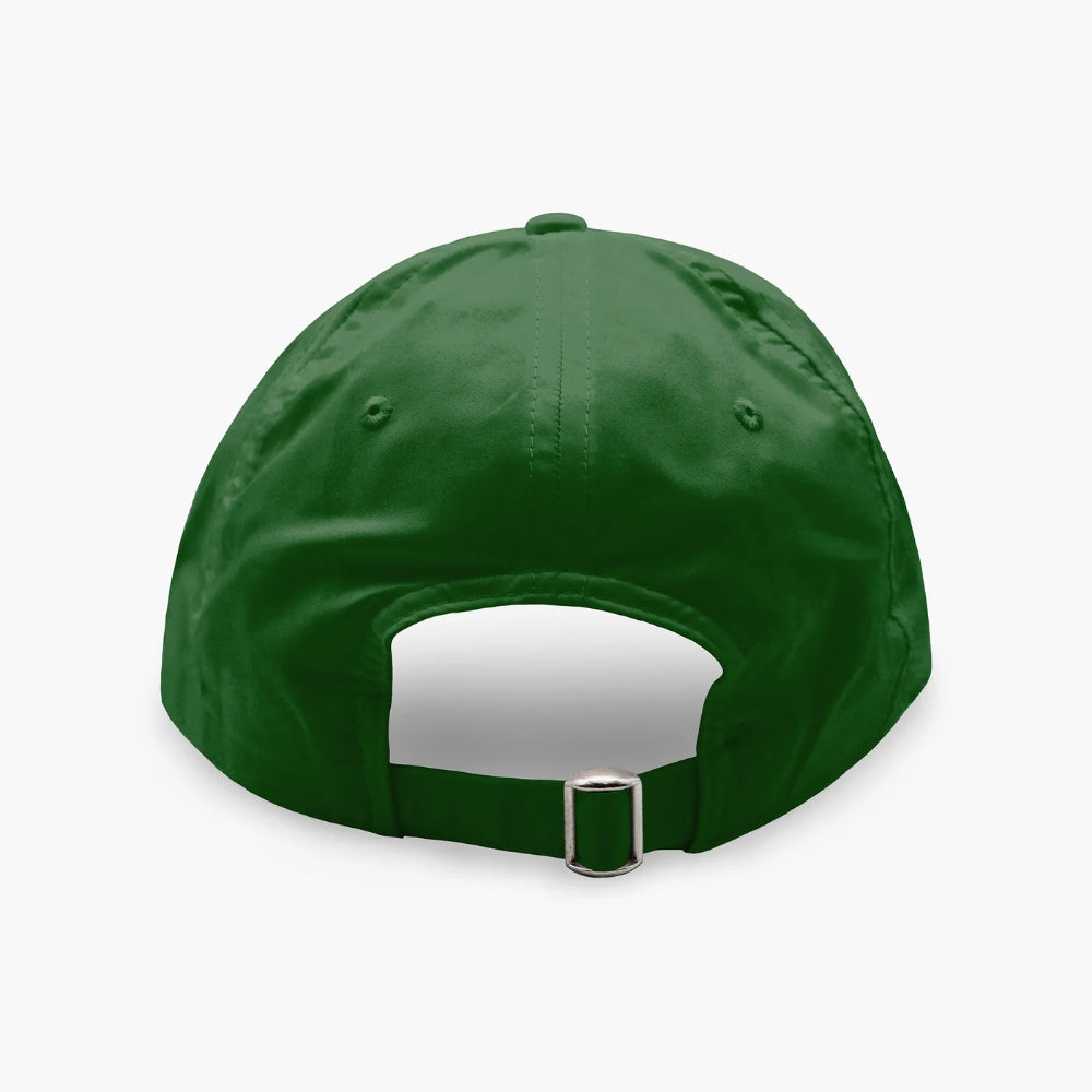 The back view of a solid green baseball cap with an adjustable strap and silver metal buckle, shown on a light gray background.