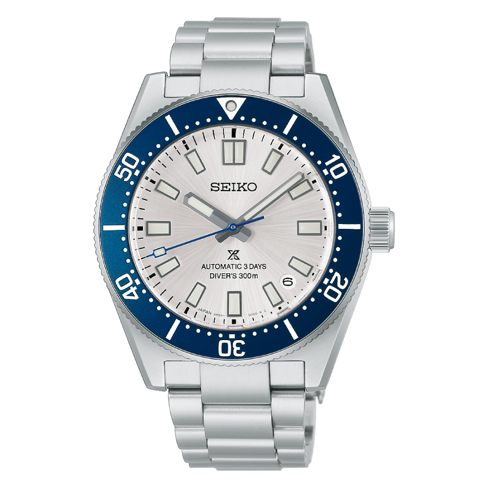 seiko prospex 145th anniversary limited edition watch with a silver dial and blue stainless steel bezel on a white background