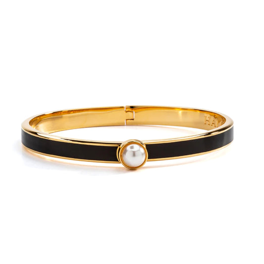 Halcyon Days 6mm Skinny Cabochon Pearl Gold Hinged Enamel Bangle
