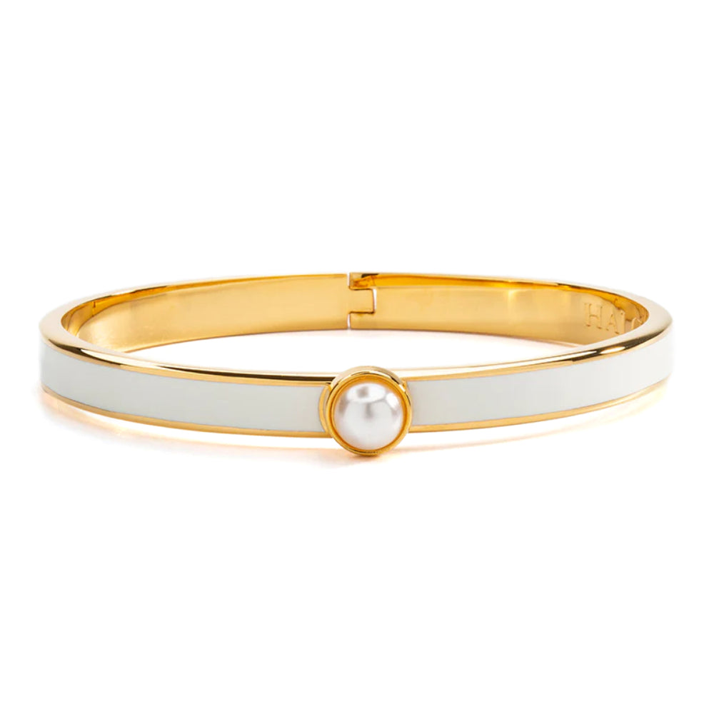 Halcyon Days 6mm Skinny Cabochon Pearl Gold Hinged Enamel Bangle