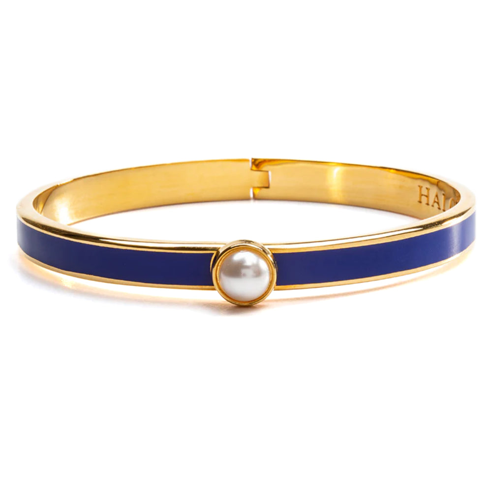 Halcyon Days 6mm Skinny Cabochon Pearl Gold Hinged Enamel Bangle