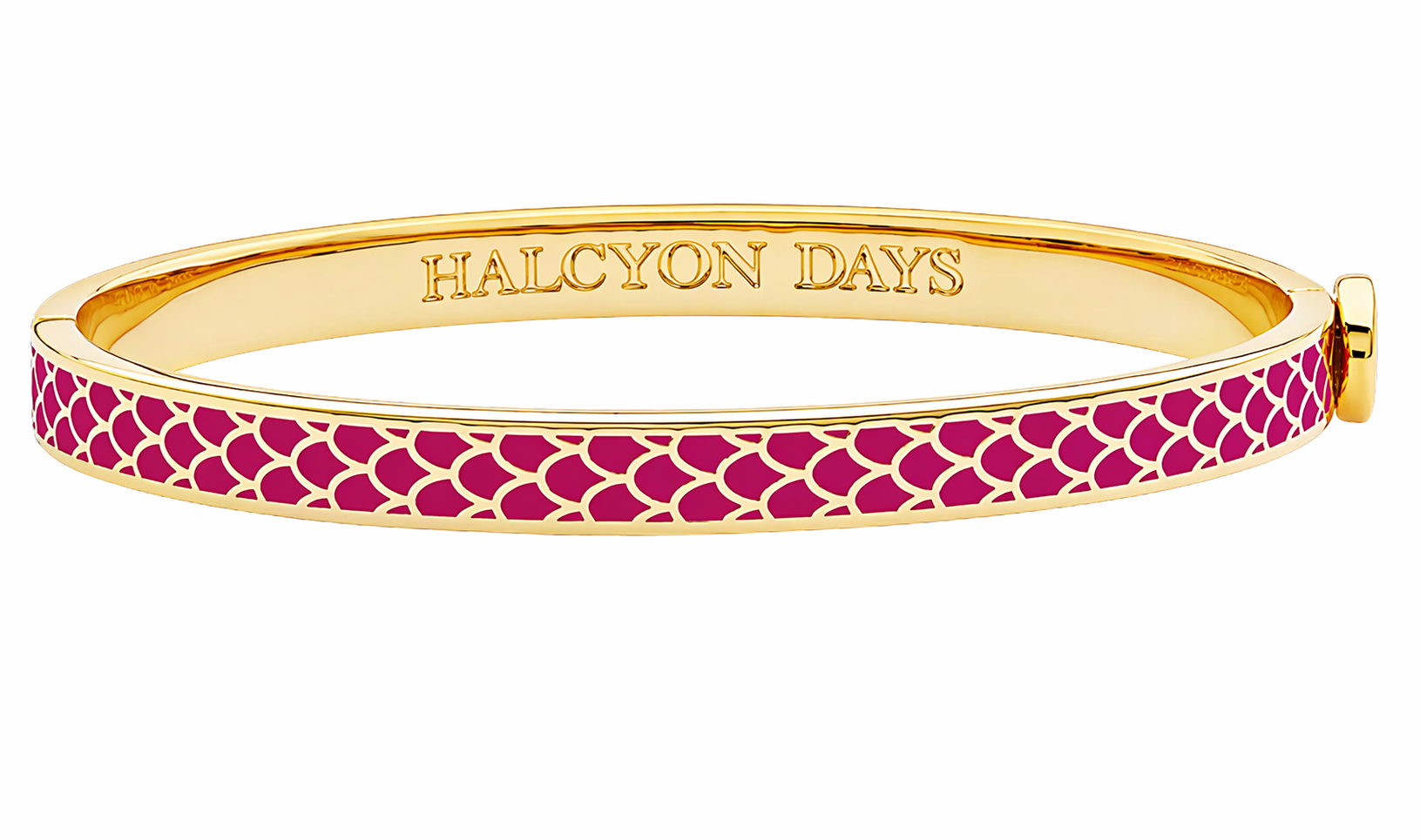 Gold bangle with pink patterned band and 'Halcyon Days' engraving on a white background