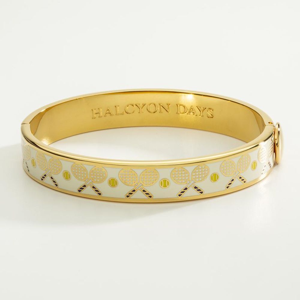 Halcyon Days 1cm Tennis Racket & Ball Gold Hinged Enamel Bangle
